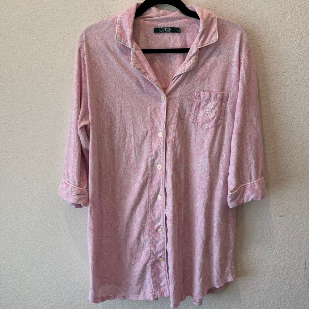 Lauren Ralph Lauren Pink Paisley Cotton Sleep Shirt Nightgown XL Monogram